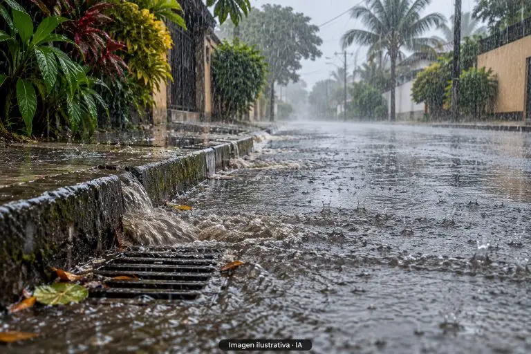 Ilustración con IA de lluvia intensa, charcos y una alcantarilla en una calle tropical