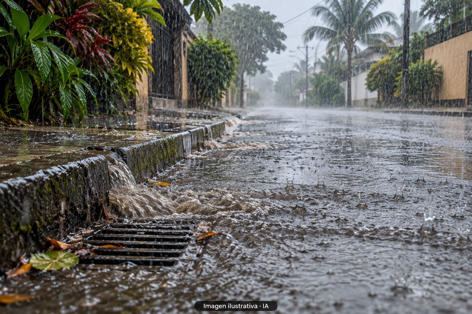 Ilustración con IA de lluvia intensa, charcos y una alcantarilla en una calle tropical