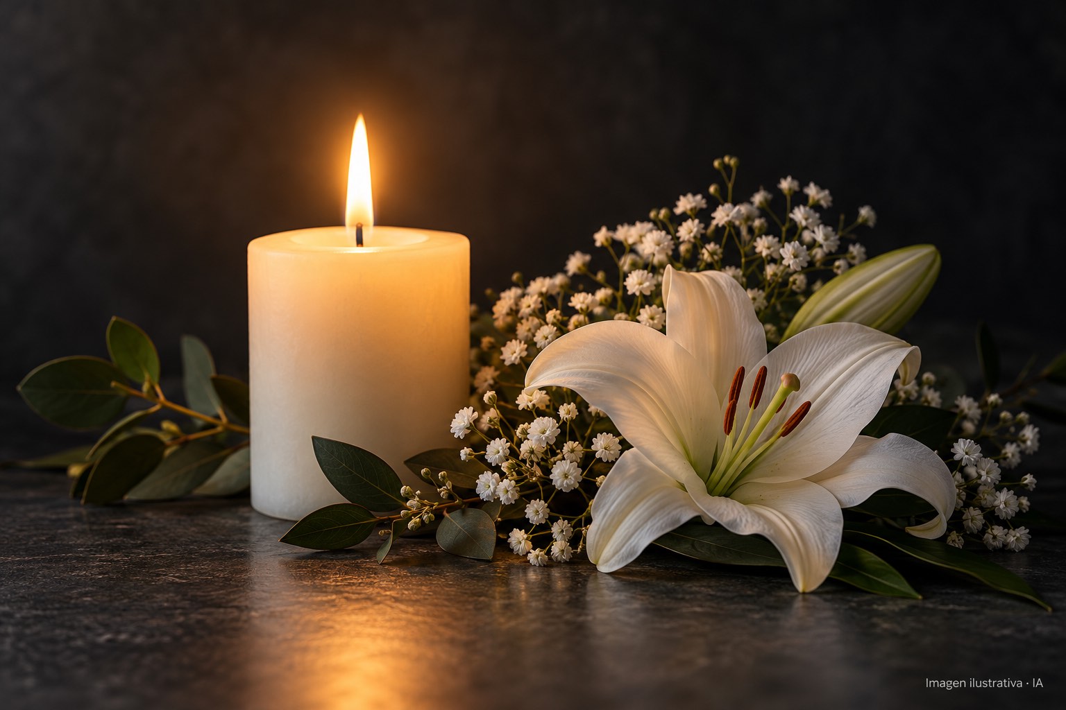 Ilustración con IA de una vela y flores blancas como símbolo de memoria