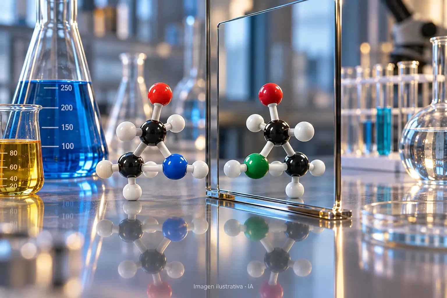 Ilustración con IA de modelos moleculares y material de laboratorio