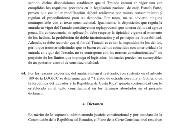 Dictamen que declara constitucional el tratado de extradición entre Ecuador y Costa Rica