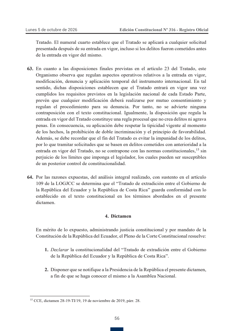 Dictamen que declara constitucional el tratado de extradición entre Ecuador y Costa Rica